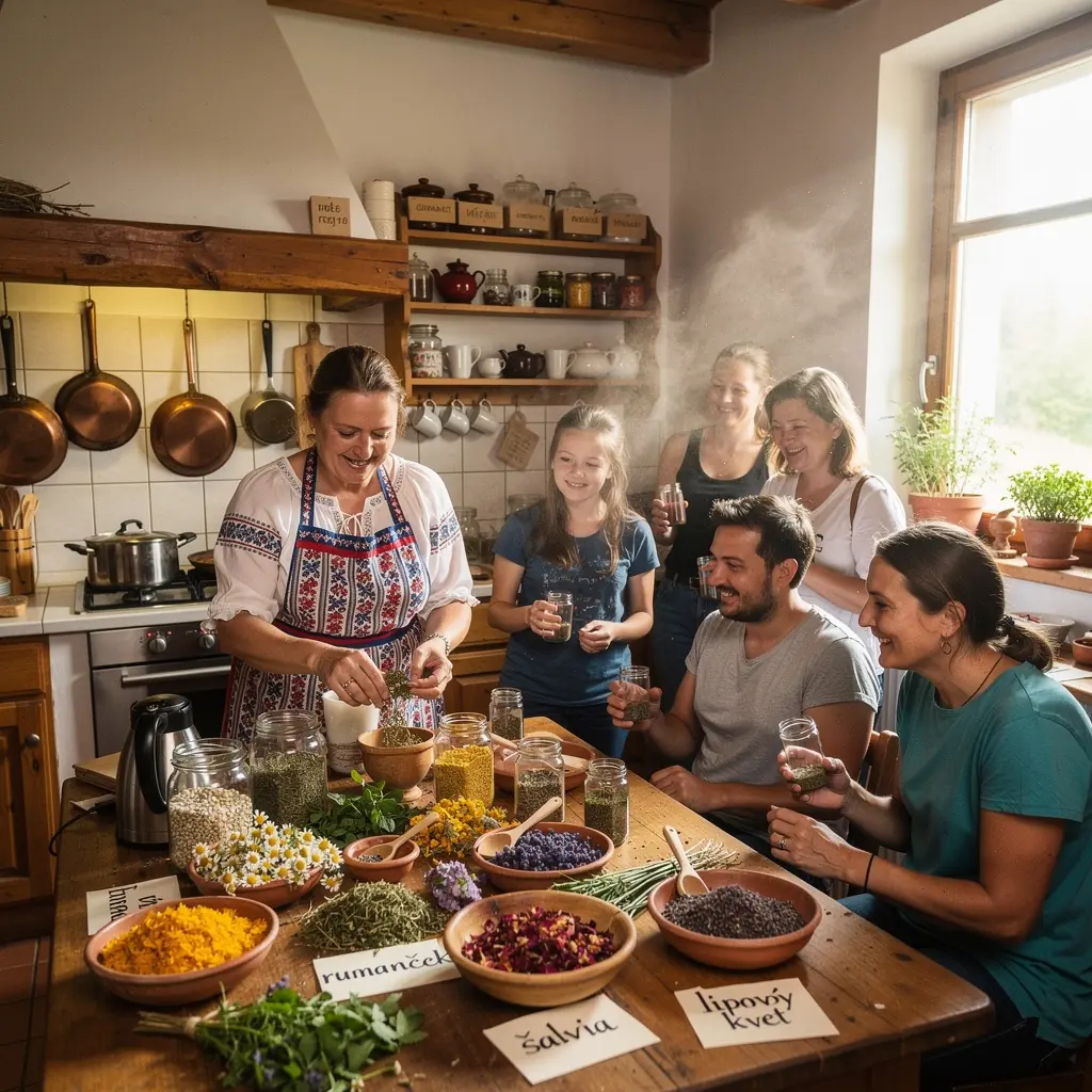 Pohár s horúcim čajom obklopený čerstvými rastlinami