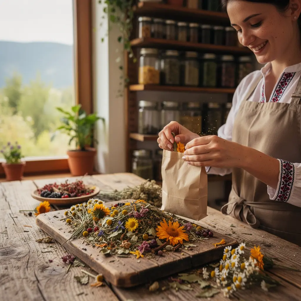 Ručne zbierané sušené bylinky na drevenom stole