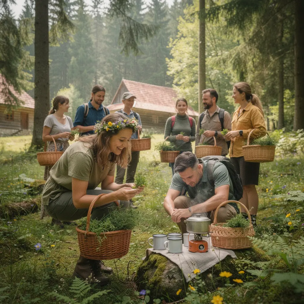 Zelené lúky so sušenými bylinkami a kvetmi v pozadí.