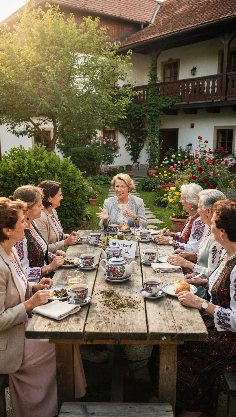 Tradičné slovenské čajové obrúsky a čajové kanvice na stole.